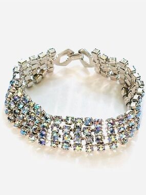 Vintage Continental 1950s AB Rhinestone Wide Bracelet Blue Silver Tone 6.5”